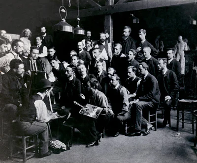 Foto van leerlingen in het atelier van Fernand Cormon, c. 1885
